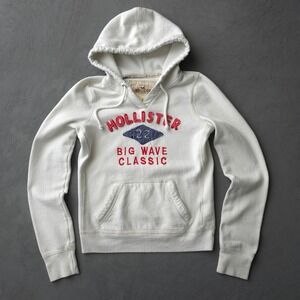 Vintage 2000s Hollister White Hoodie Size M Big Wave Classic Graphic Pullover